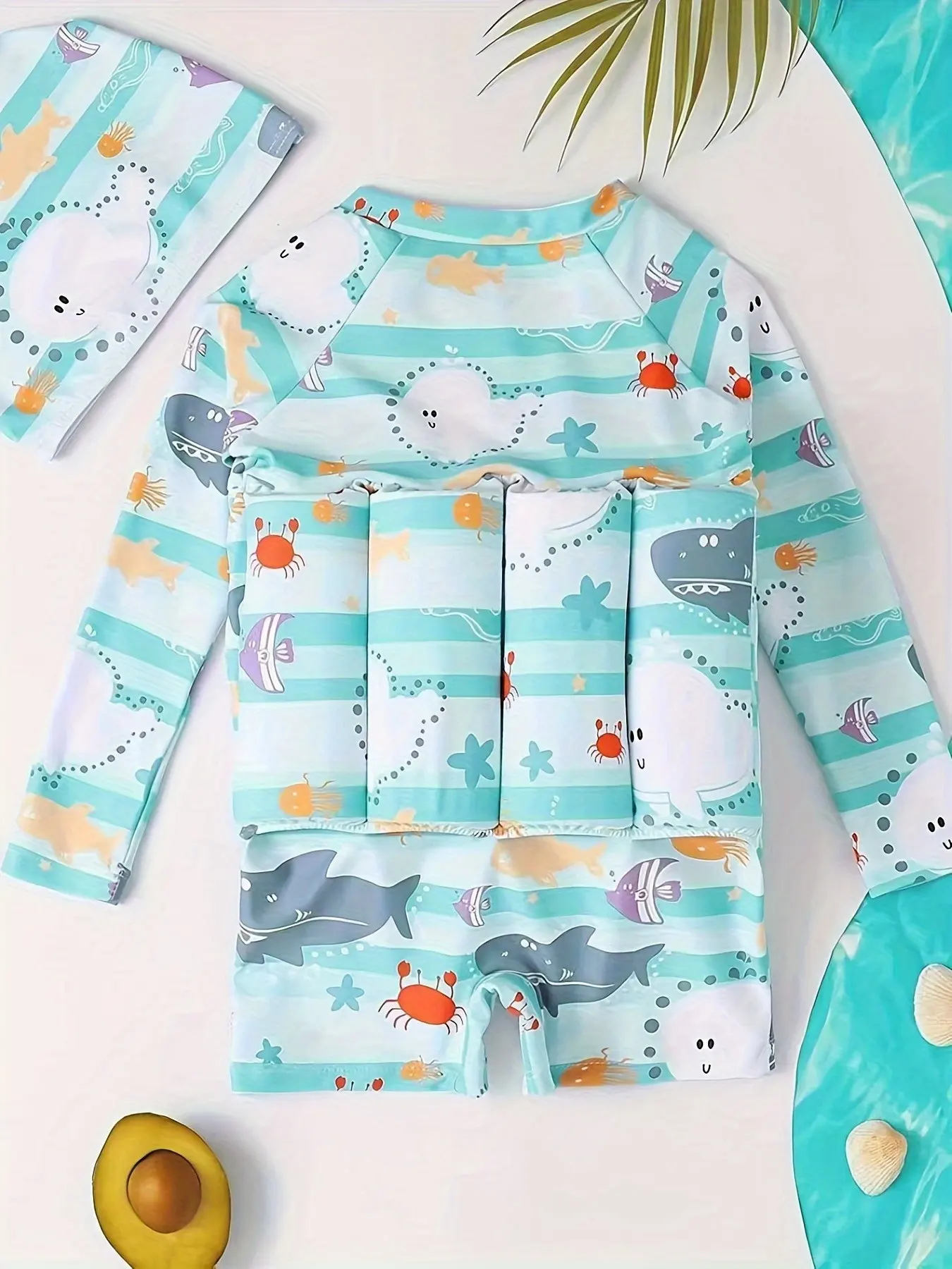 Children's One-piece Swimsuit Buoyancy Swimsuit Detachable Buoyancy Rod Sky Blue Cartoon Swimsuit