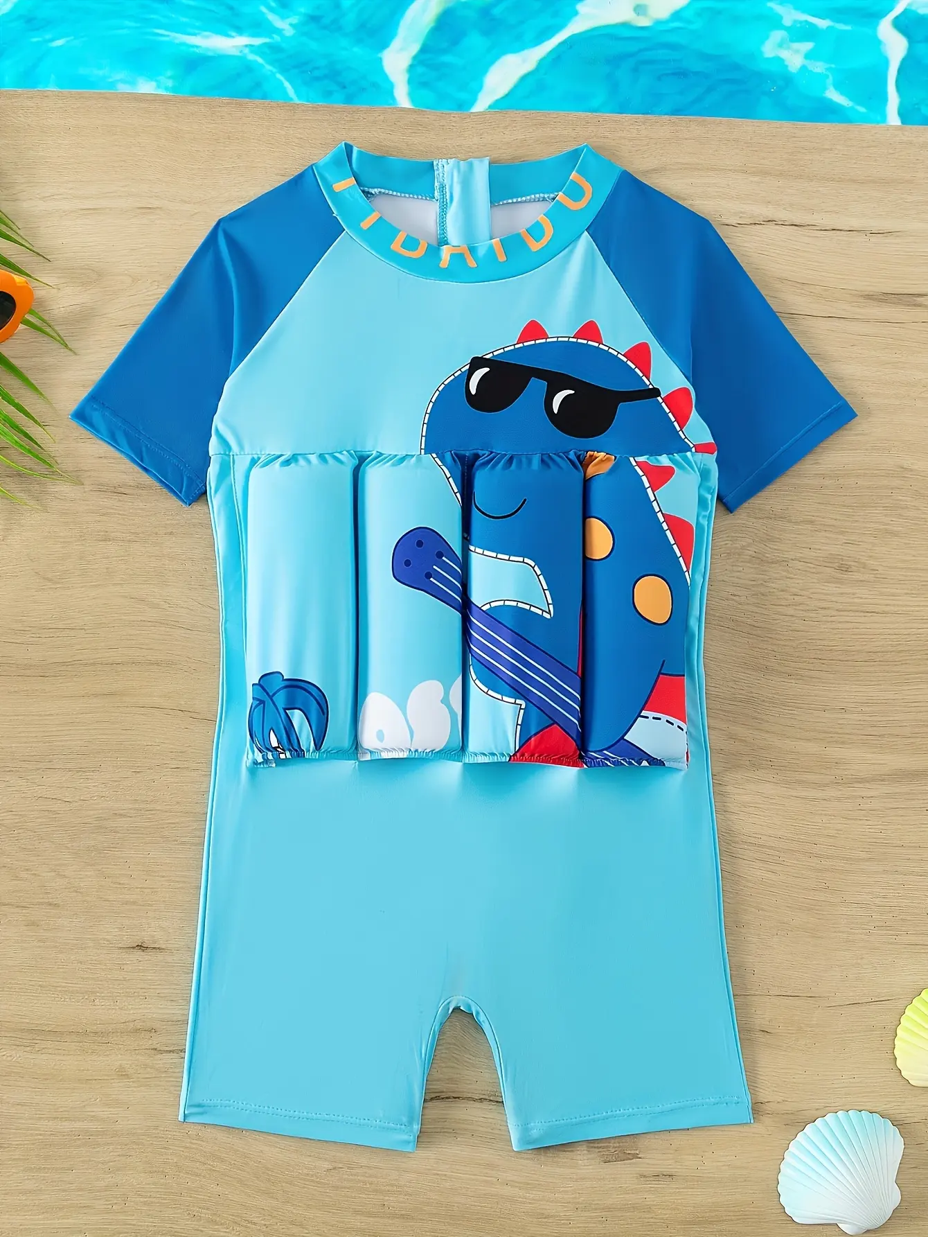 Boys' Short Sleeved Buoyancy Swimsuit One-piece Swimsuit with Detachable Buoyancy bar and Back Zipper Swimsuit
