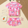 Pink Girls' One-piece Buoyancy Swimsuit 2 Piece Set Chiffon Zipper Half-sleeved Shorts Cut-out Design Small Medium Children