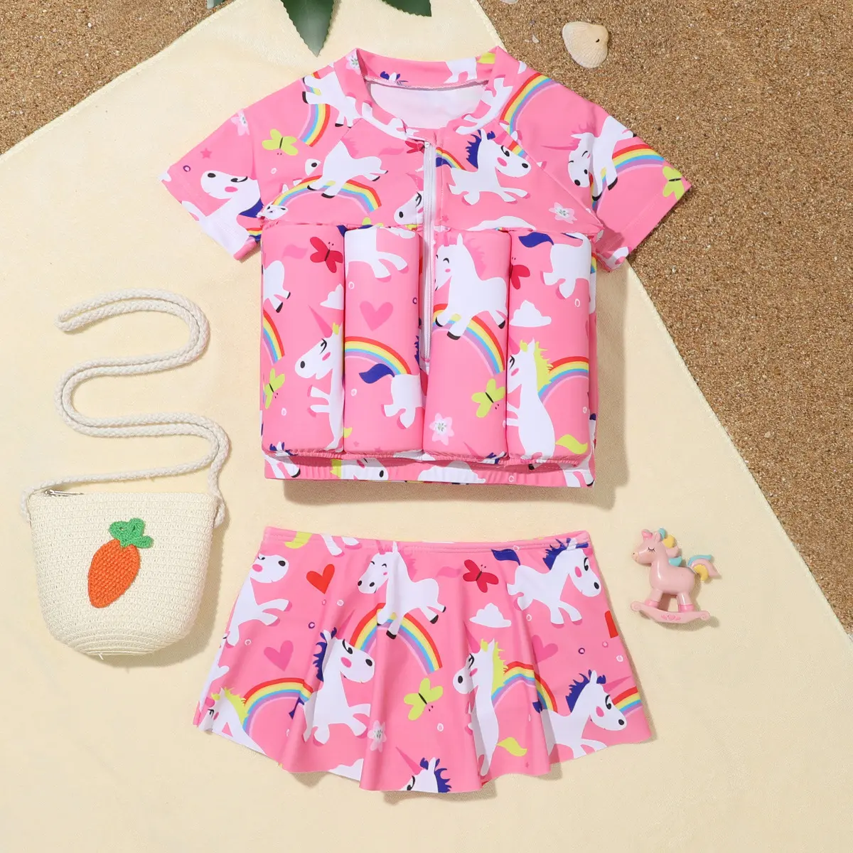 Pink Girls' One-piece Buoyancy Swimsuit 2 Piece Set Chiffon Zipper Half-sleeved Shorts Cut-out Design Small Medium Children