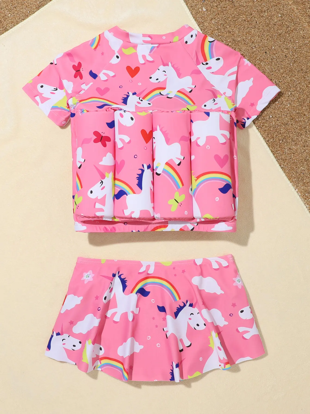 Pink Girls' One-piece Buoyancy Swimsuit 2 Piece Set Chiffon Zipper Half-sleeved Shorts Cut-out Design Small Medium Children