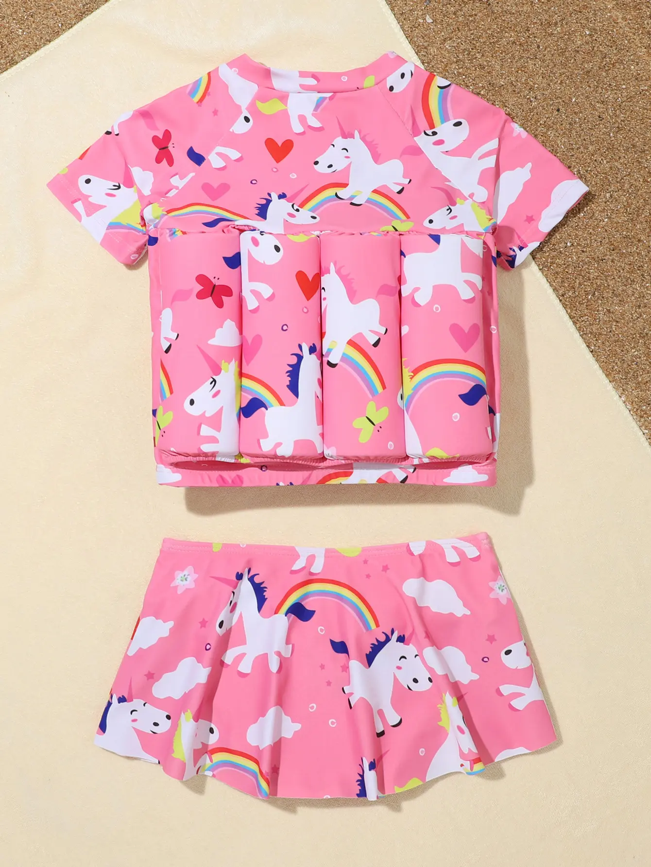 Pink Girls' One-piece Buoyancy Swimsuit 2 Piece Set Chiffon Zipper Half-sleeved Shorts Cut-out Design Small Medium Children