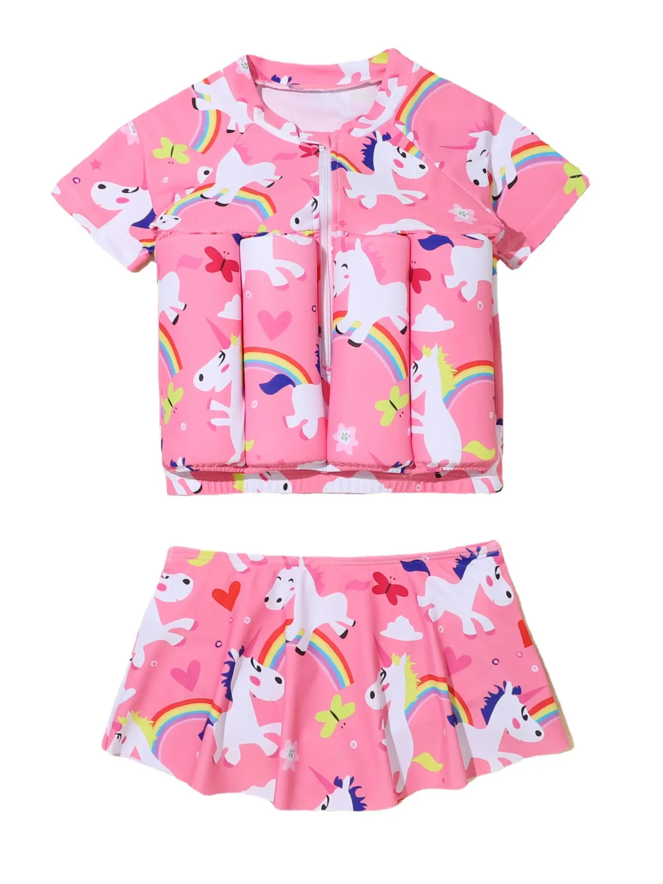 Pink Girls' One-piece Buoyancy Swimsuit 2 Piece Set Chiffon Zipper Half-sleeved Shorts Cut-out Design Small Medium Children