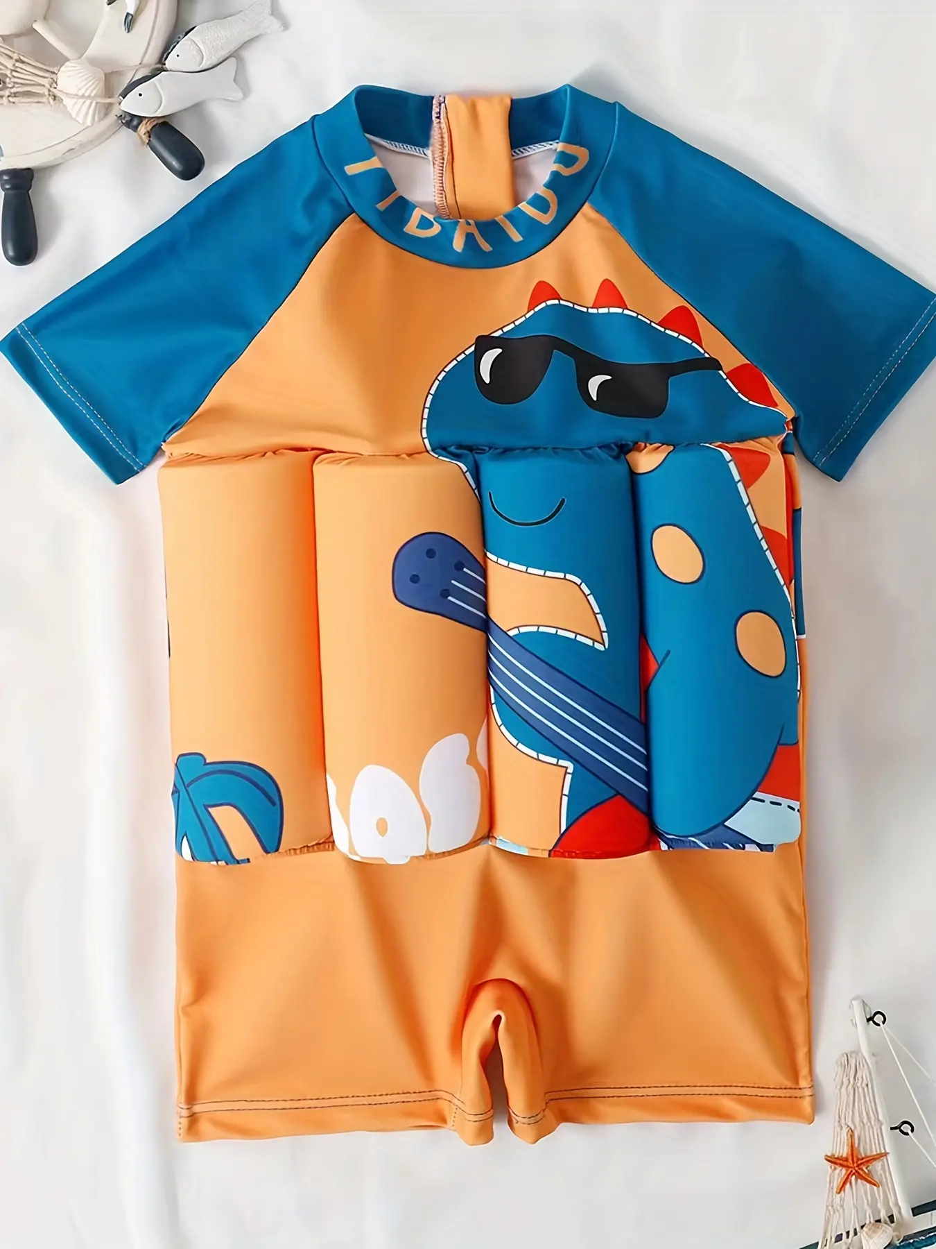 Boys' Short Sleeved Buoyancy Swimsuit One-piece Swimsuit with Detachable Buoyancy bar and Back Zipper Swimsuit