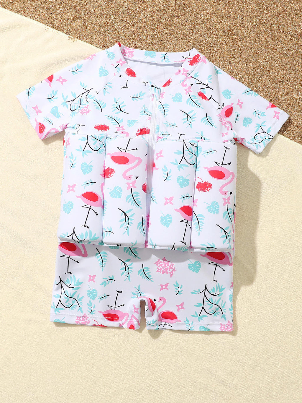 Baby Girls Flamingo Print Float Swimwear Suit with Built-in Floats | Kids Swimming Costume with Front Zip | Beach & Pool Wear