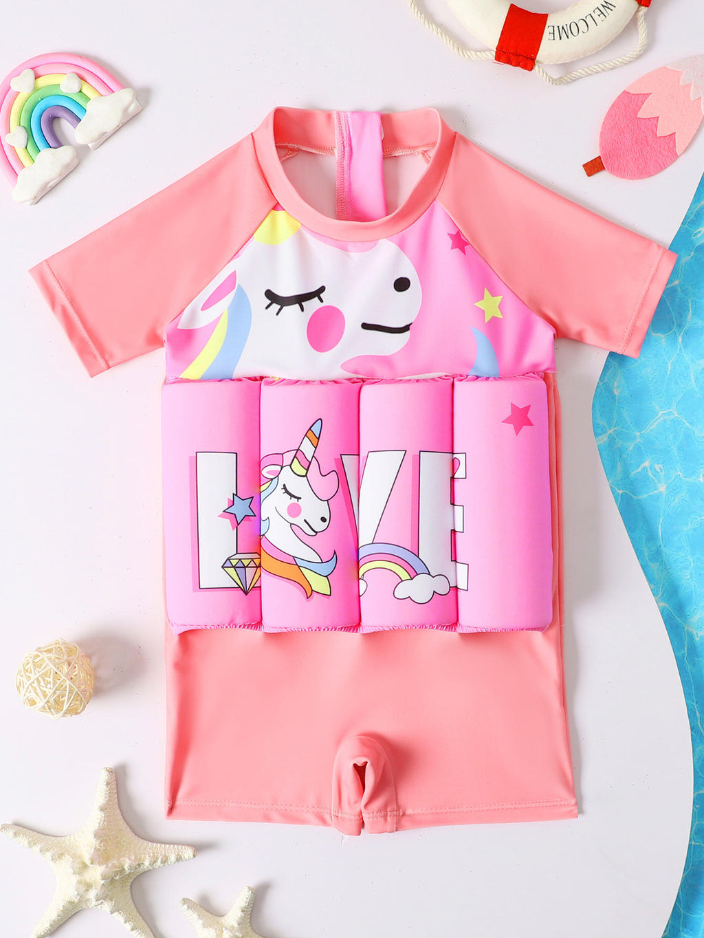 Kids' Floatation Swimsuit - Pink Unicorn One-Piece Rash Guard with Built-in Buoyancy Foam