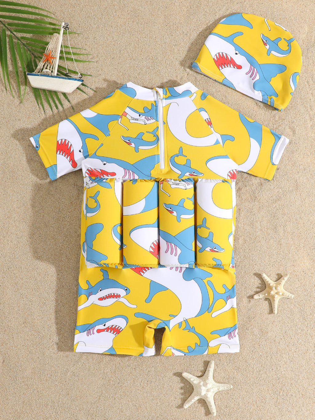 Shark yellow printed kids floating swimsuit
