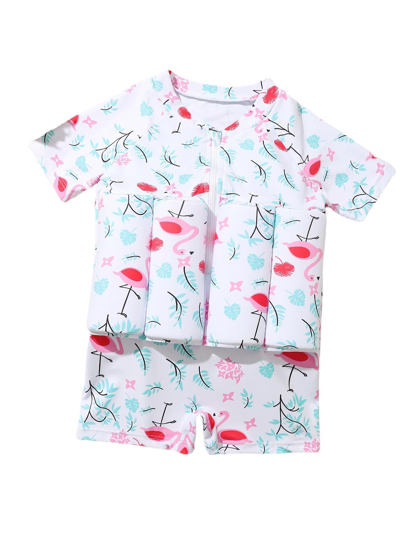 Baby Girls Flamingo Print Float Swimwear Suit with Built-in Floats | Kids Swimming Costume with Front Zip | Beach & Pool Wear