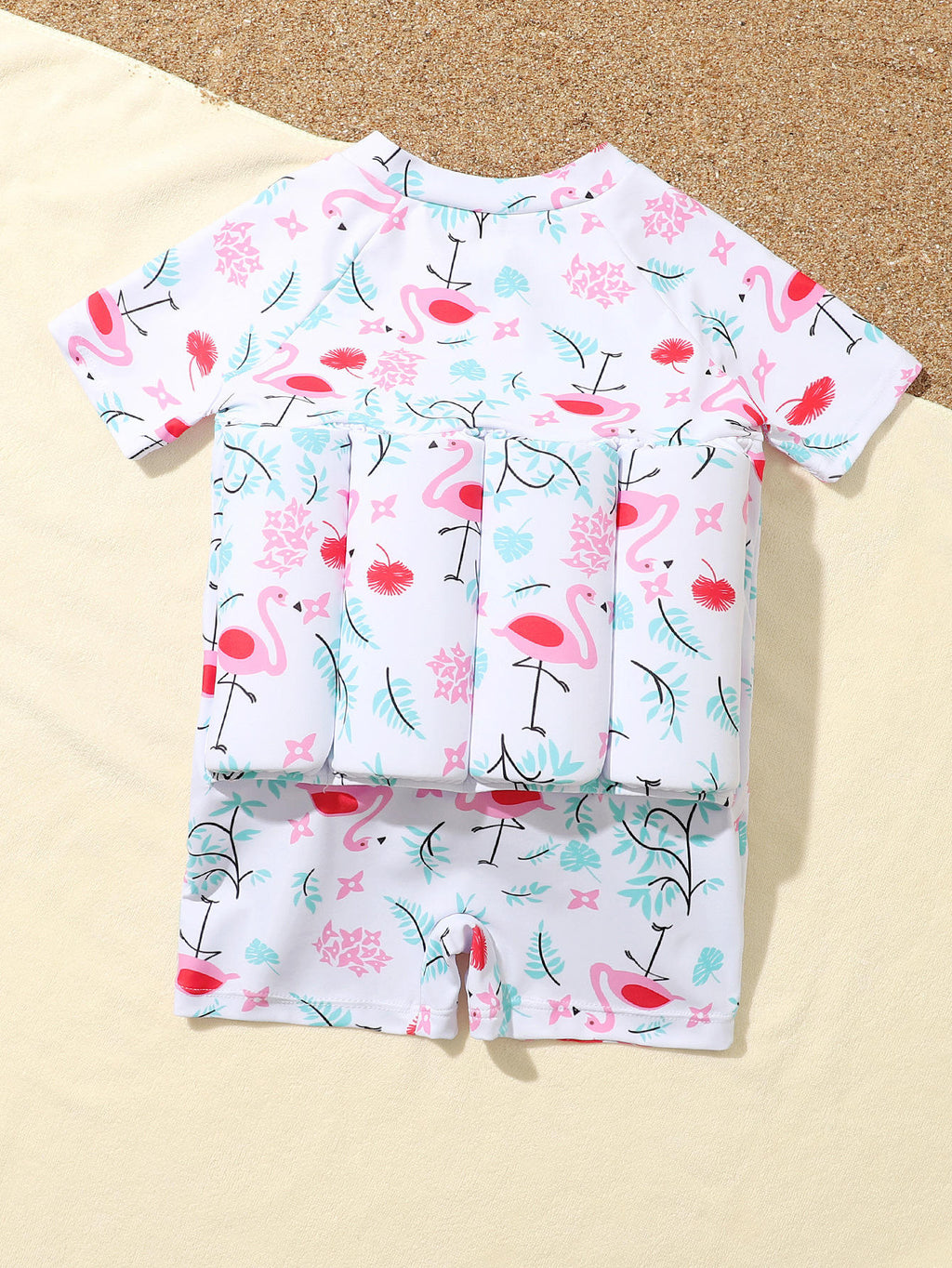 Baby Girls Flamingo Print Float Swimwear Suit with Built-in Floats | Kids Swimming Costume with Front Zip | Beach & Pool Wear