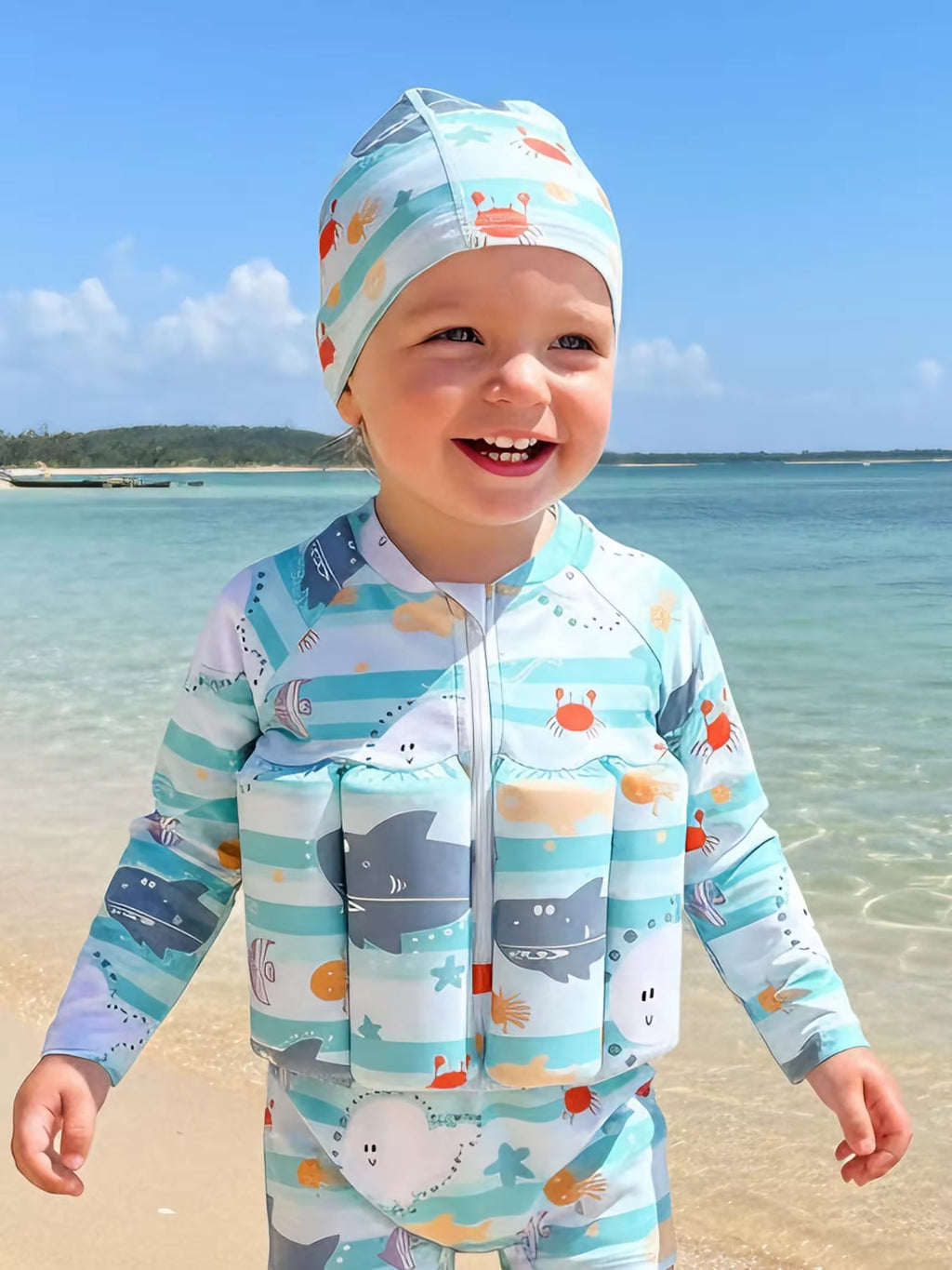 Children's One-piece Swimsuit Buoyancy Swimsuit Detachable Buoyancy Rod Sky Blue Cartoon Swimsuit