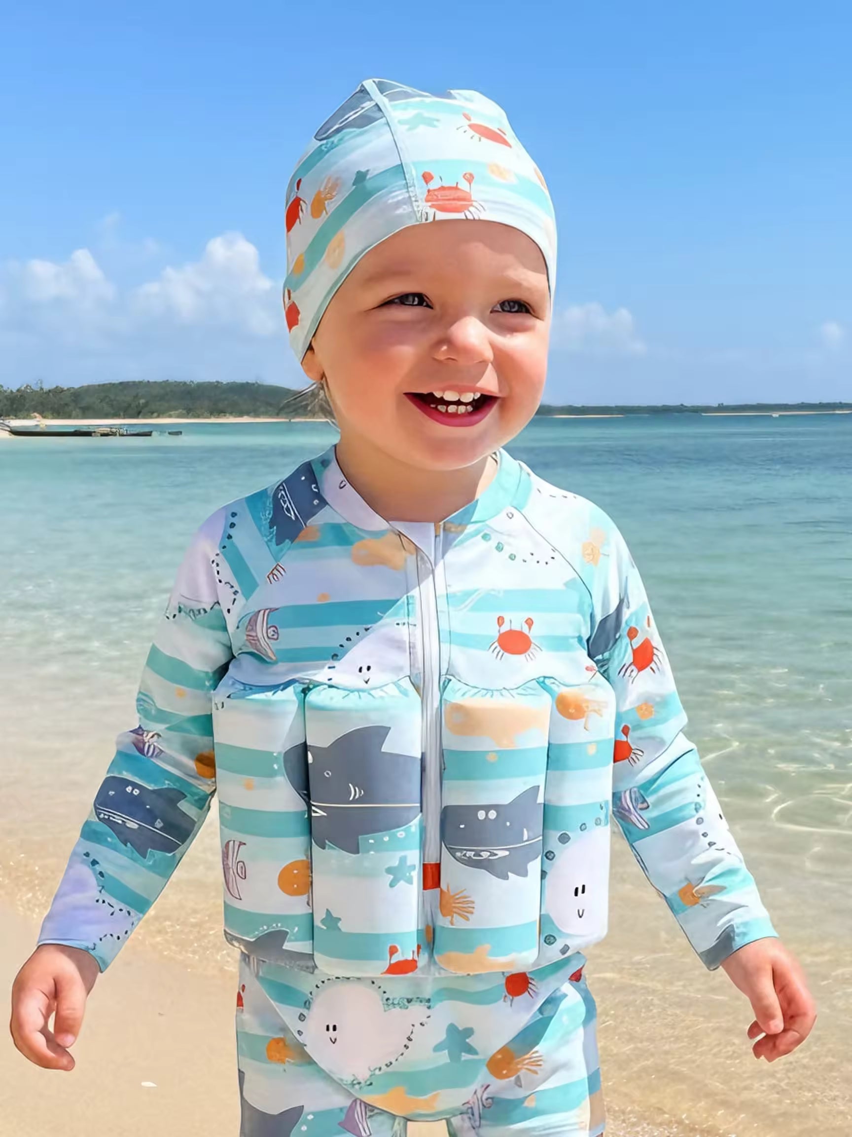Children's One-piece Swimsuit Buoyancy Swimsuit Detachable Buoyancy Rod Sky Blue Cartoon Swimsuit