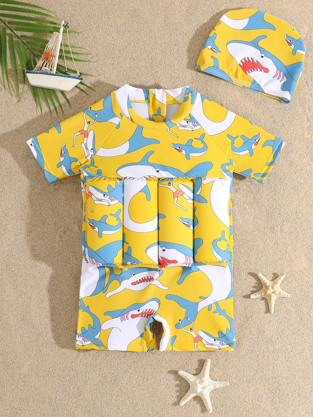 Shark yellow printed kids floating swimsuit