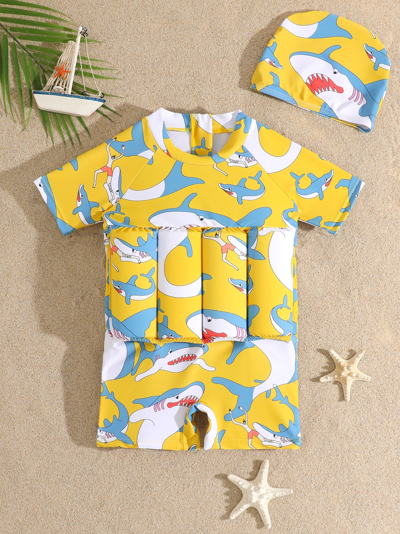 Shark yellow printed kids floating swimsuit