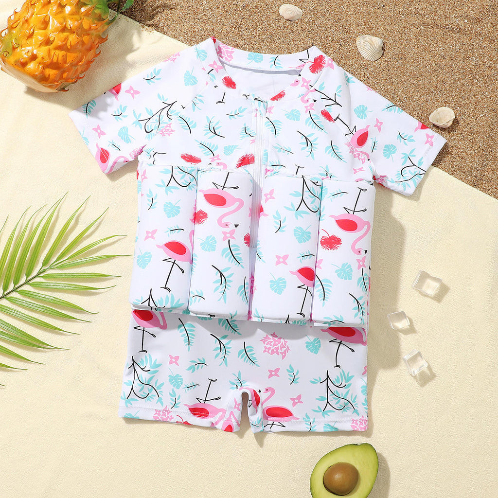 Baby Girls Flamingo Print Float Swimwear Suit with Built-in Floats | Kids Swimming Costume with Front Zip | Beach & Pool Wear