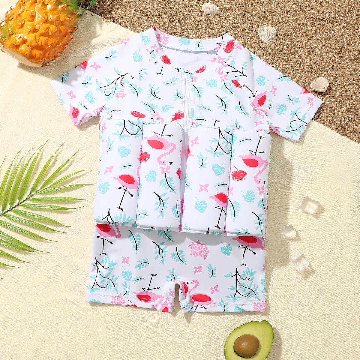 Baby Girls Flamingo Print Float Swimwear Suit with Built-in Floats | Kids Swimming Costume with Front Zip | Beach & Pool Wear