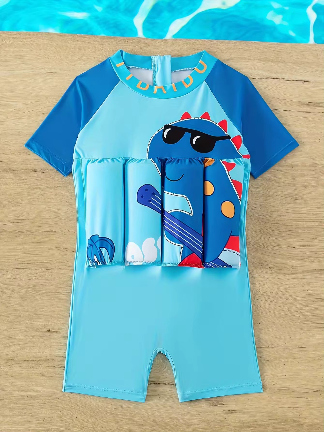 Boys' Short Sleeved Buoyancy Swimsuit One-piece Swimsuit with Detachable Buoyancy bar and Back Zipper Swimsuit