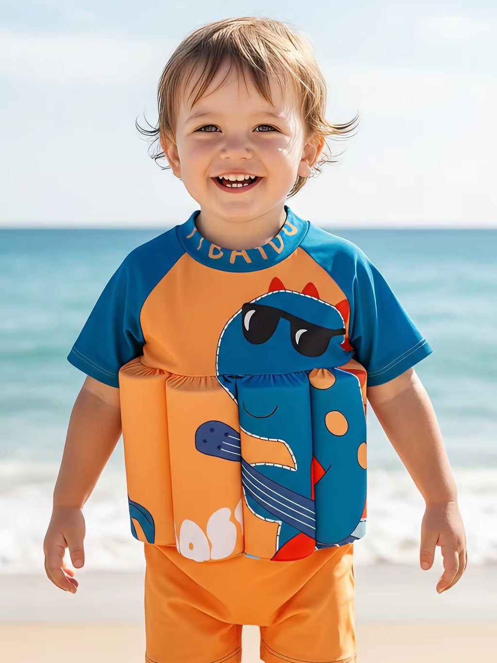 Boys' Short Sleeved Buoyancy Swimsuit One-piece Swimsuit with Detachable Buoyancy bar and Back Zipper Swimsuit