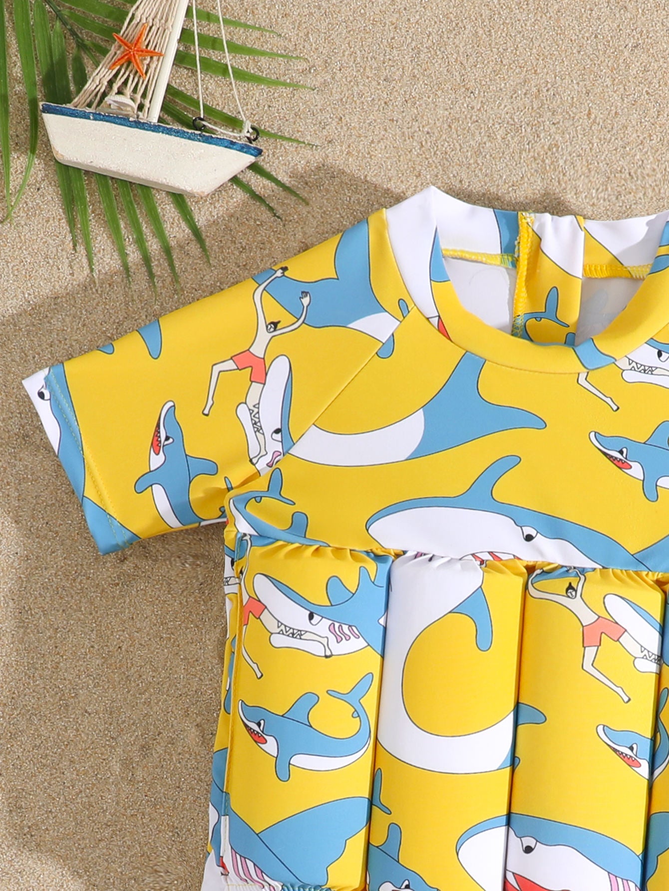 Shark yellow printed kids floating swimsuit