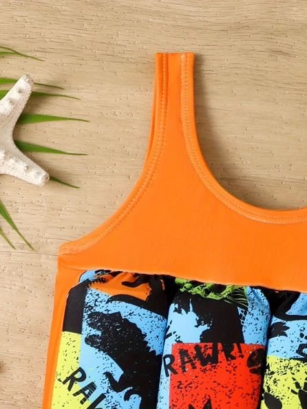 Kids Orange Printed Swimwear with Float Vest | Baby Swimming Costume for Boys & Girls | Size 80 cm