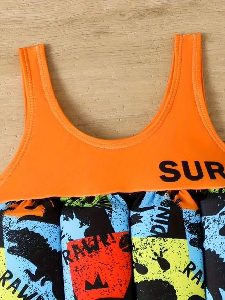 Kids Orange Printed Swimwear with Float Vest | Baby Swimming Costume for Boys & Girls | Size 80 cm