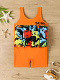 Kids Orange Printed Swimwear with Float Vest | Baby Swimming Costume for Boys & Girls | Size 80 cm