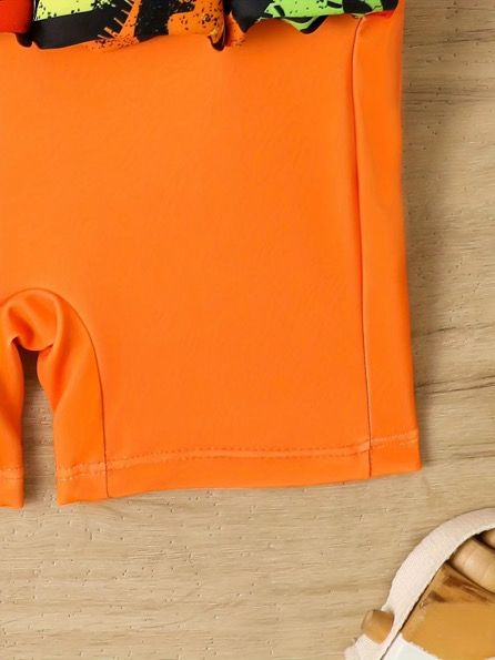 Kids Orange Printed Swimwear with Float Vest | Baby Swimming Costume for Boys & Girls | Size 80 cm